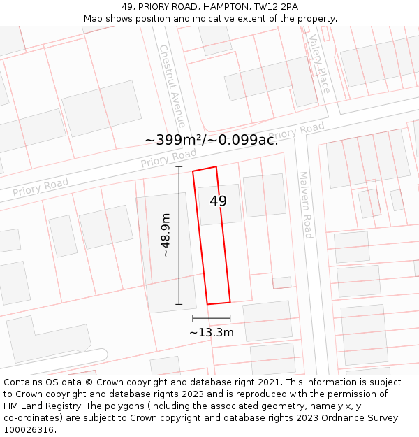 49, PRIORY ROAD, HAMPTON, TW12 2PA: Plot and title map