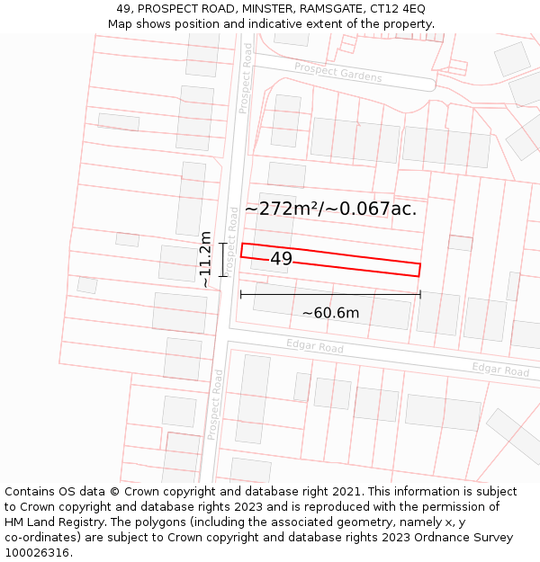 49, PROSPECT ROAD, MINSTER, RAMSGATE, CT12 4EQ: Plot and title map