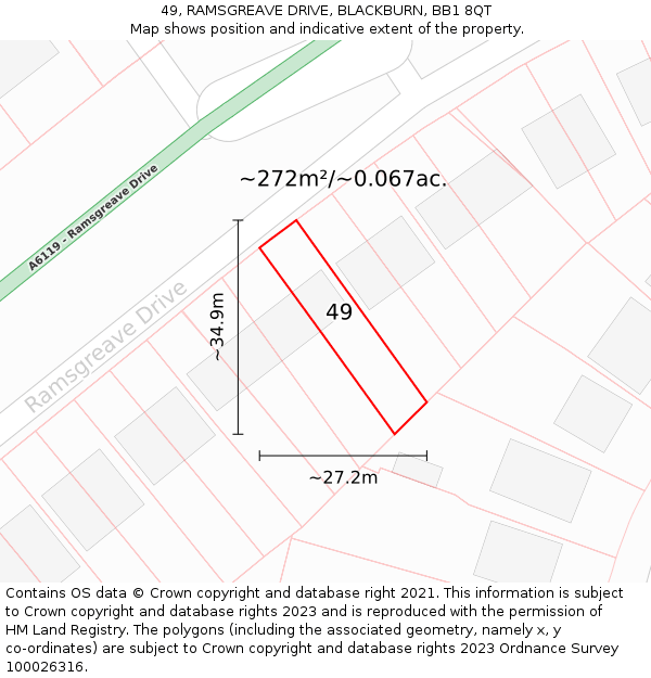 49, RAMSGREAVE DRIVE, BLACKBURN, BB1 8QT: Plot and title map