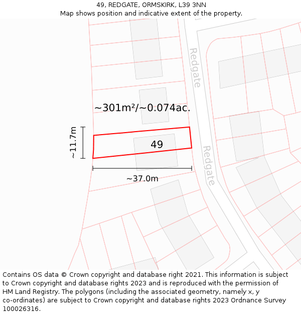 49, REDGATE, ORMSKIRK, L39 3NN: Plot and title map