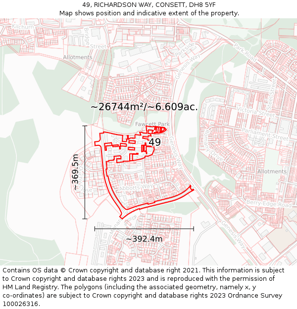 49, RICHARDSON WAY, CONSETT, DH8 5YF: Plot and title map