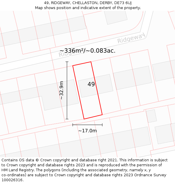 49, RIDGEWAY, CHELLASTON, DERBY, DE73 6UJ: Plot and title map