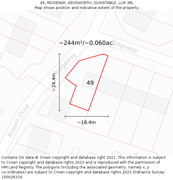 49, RIDGEWAY, KENSWORTH, DUNSTABLE, LU6 3RL: Plot and title map
