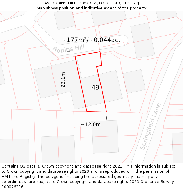 49, ROBINS HILL, BRACKLA, BRIDGEND, CF31 2PJ: Plot and title map