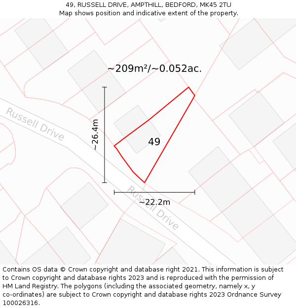 49, RUSSELL DRIVE, AMPTHILL, BEDFORD, MK45 2TU: Plot and title map
