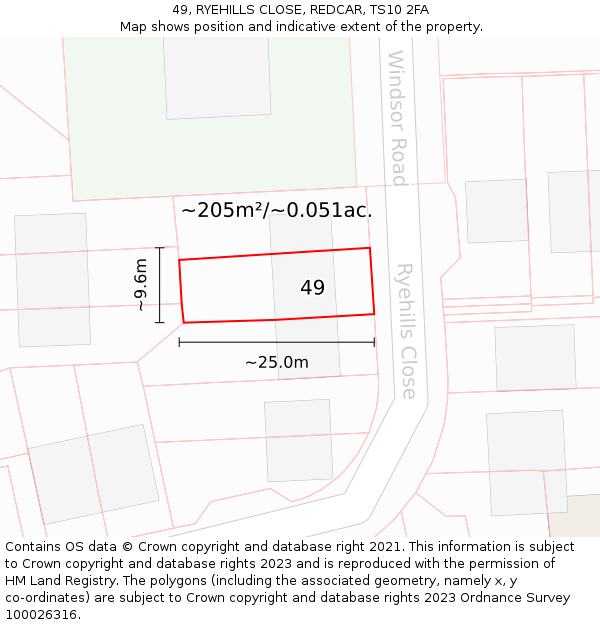 49, RYEHILLS CLOSE, REDCAR, TS10 2FA: Plot and title map
