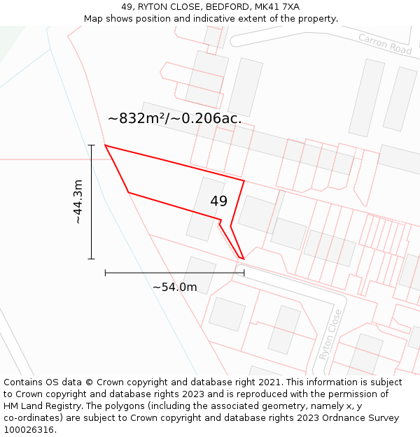 49, RYTON CLOSE, BEDFORD, MK41 7XA: Plot and title map