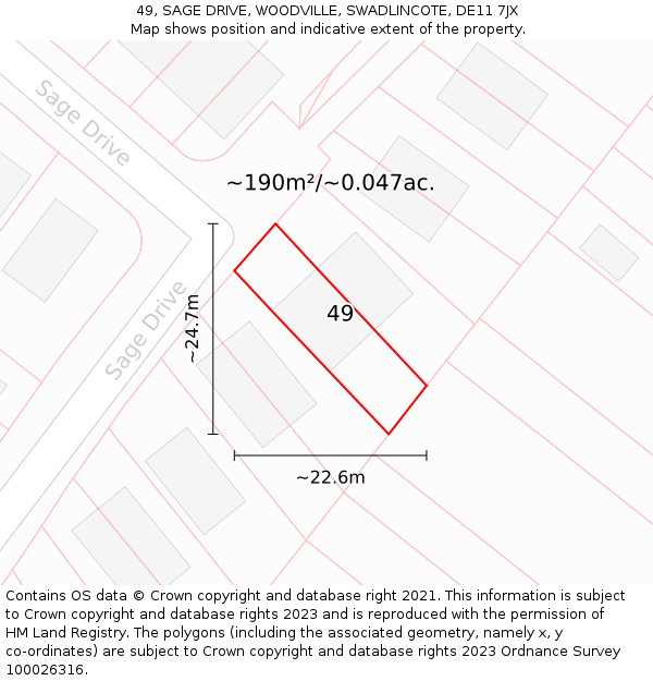 49, SAGE DRIVE, WOODVILLE, SWADLINCOTE, DE11 7JX: Plot and title map