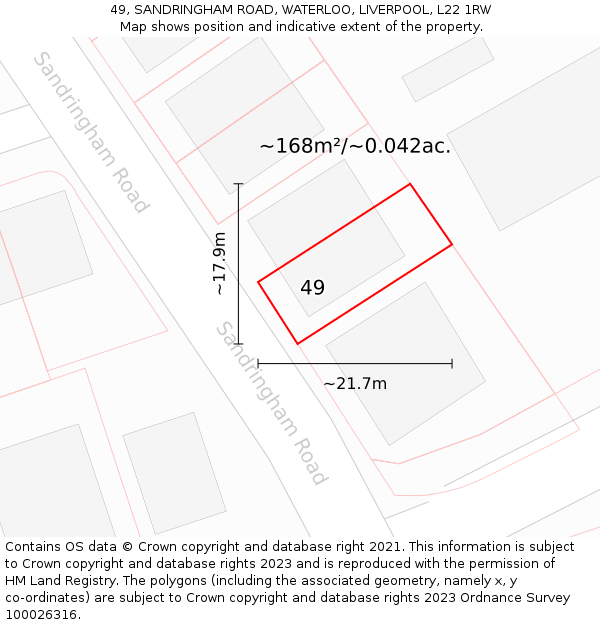 49, SANDRINGHAM ROAD, WATERLOO, LIVERPOOL, L22 1RW: Plot and title map