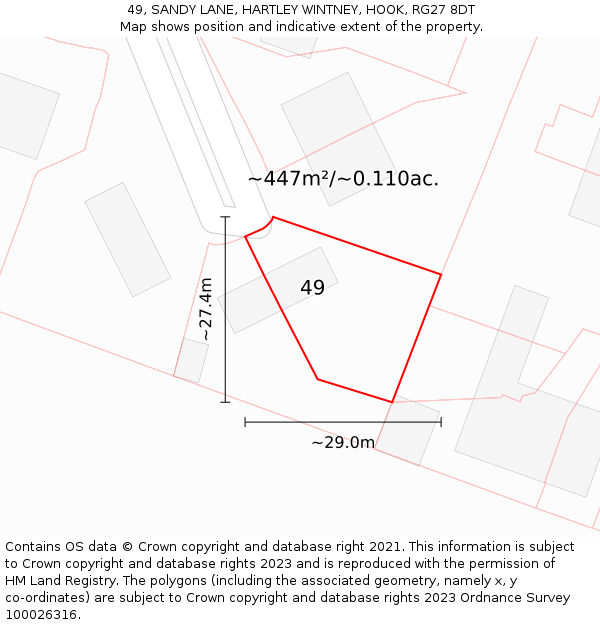 49, SANDY LANE, HARTLEY WINTNEY, HOOK, RG27 8DT: Plot and title map