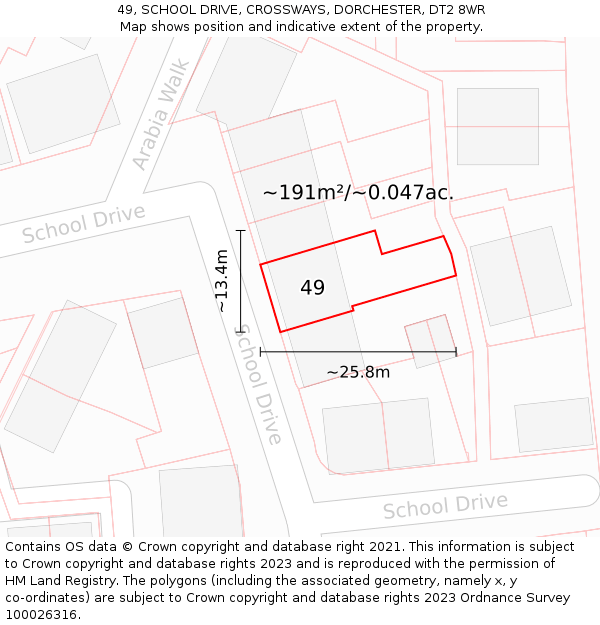 49, SCHOOL DRIVE, CROSSWAYS, DORCHESTER, DT2 8WR: Plot and title map