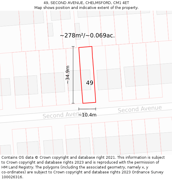 49, SECOND AVENUE, CHELMSFORD, CM1 4ET: Plot and title map