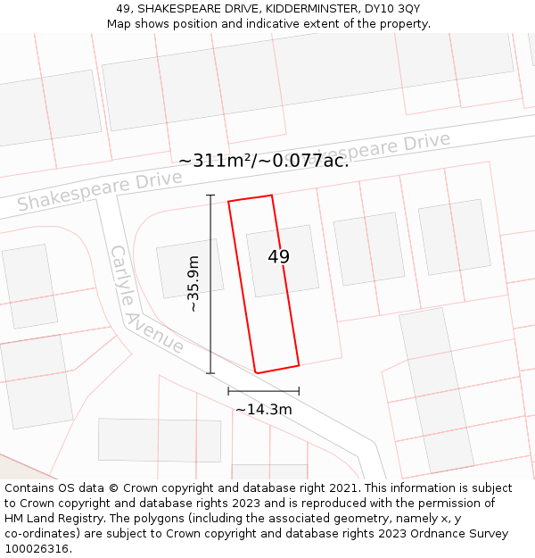 49, SHAKESPEARE DRIVE, KIDDERMINSTER, DY10 3QY: Plot and title map