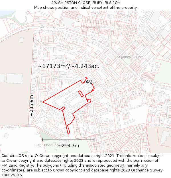 49, SHIPSTON CLOSE, BURY, BL8 1QH: Plot and title map