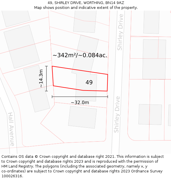 49, SHIRLEY DRIVE, WORTHING, BN14 9AZ: Plot and title map