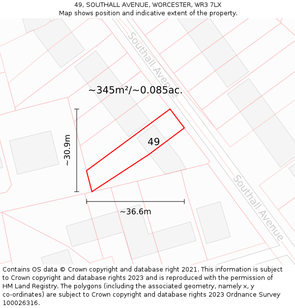 49, SOUTHALL AVENUE, WORCESTER, WR3 7LX: Plot and title map