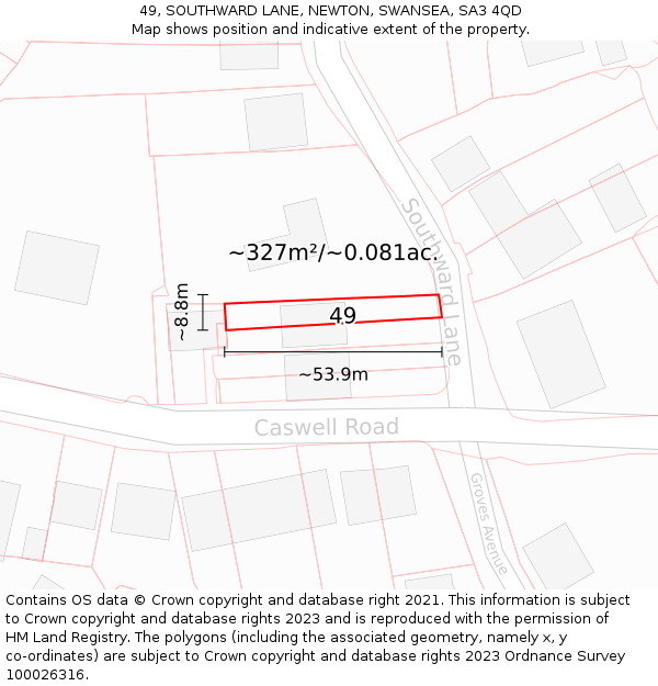 49, SOUTHWARD LANE, NEWTON, SWANSEA, SA3 4QD: Plot and title map