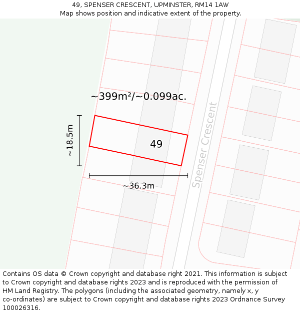 49, SPENSER CRESCENT, UPMINSTER, RM14 1AW: Plot and title map