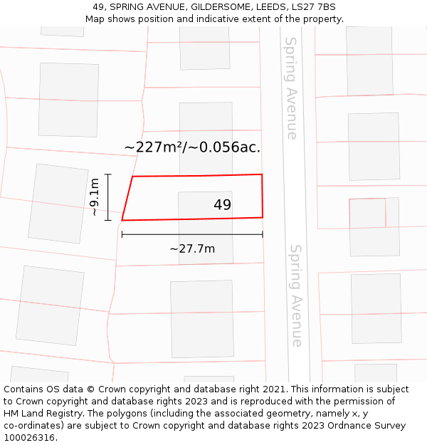 49, SPRING AVENUE, GILDERSOME, LEEDS, LS27 7BS: Plot and title map