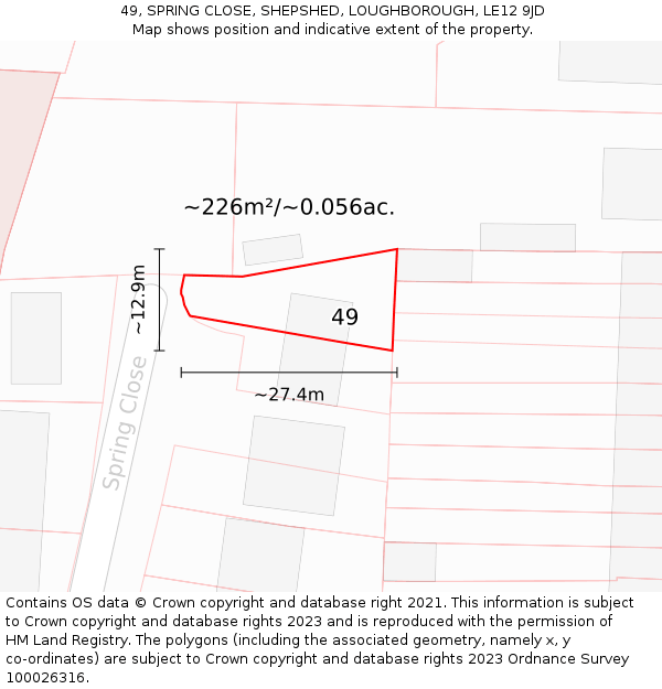 49, SPRING CLOSE, SHEPSHED, LOUGHBOROUGH, LE12 9JD: Plot and title map