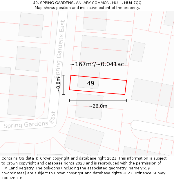 49, SPRING GARDENS, ANLABY COMMON, HULL, HU4 7QQ: Plot and title map