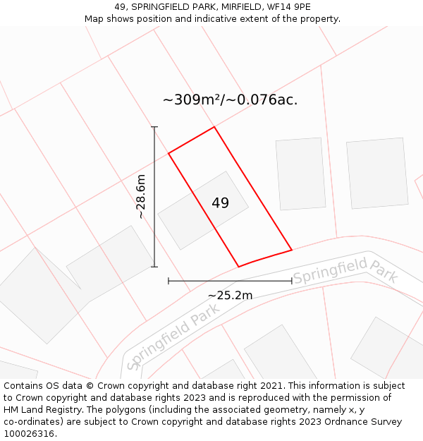 49, SPRINGFIELD PARK, MIRFIELD, WF14 9PE: Plot and title map