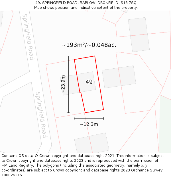 49, SPRINGFIELD ROAD, BARLOW, DRONFIELD, S18 7SQ: Plot and title map
