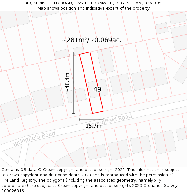 49, SPRINGFIELD ROAD, CASTLE BROMWICH, BIRMINGHAM, B36 0DS: Plot and title map