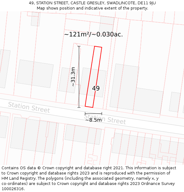 49, STATION STREET, CASTLE GRESLEY, SWADLINCOTE, DE11 9JU: Plot and title map