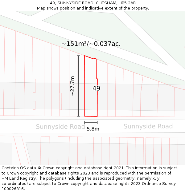 49, SUNNYSIDE ROAD, CHESHAM, HP5 2AR: Plot and title map