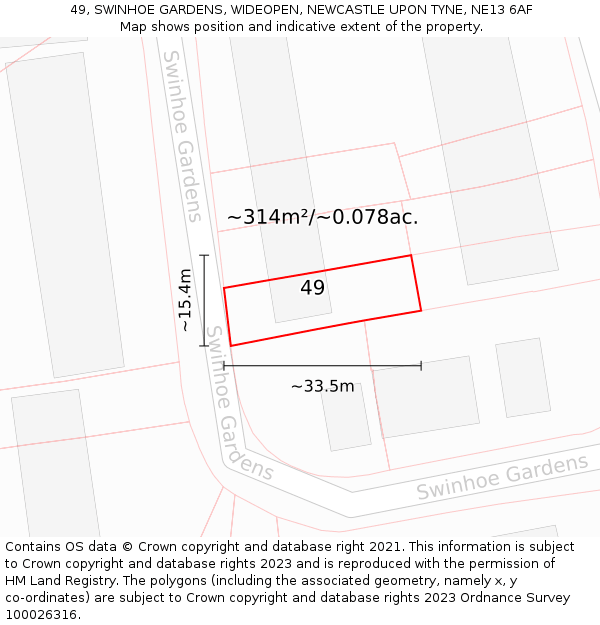 49, SWINHOE GARDENS, WIDEOPEN, NEWCASTLE UPON TYNE, NE13 6AF: Plot and title map