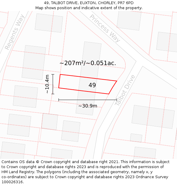 49, TALBOT DRIVE, EUXTON, CHORLEY, PR7 6PD: Plot and title map