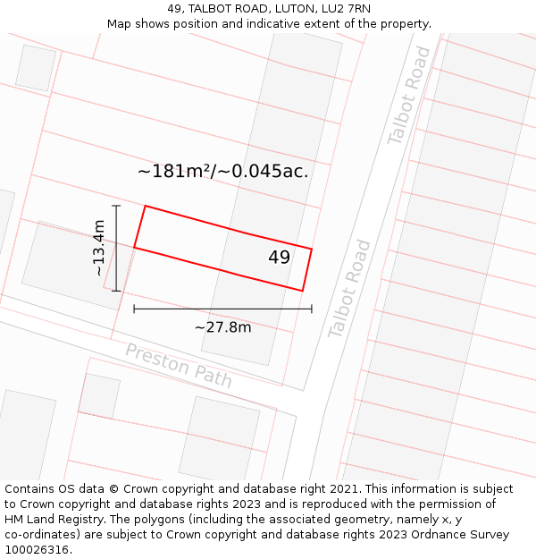 49, TALBOT ROAD, LUTON, LU2 7RN: Plot and title map