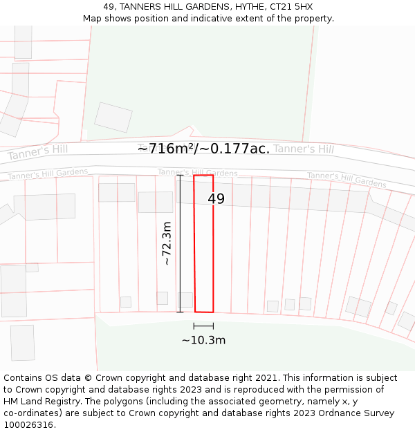 49, TANNERS HILL GARDENS, HYTHE, CT21 5HX: Plot and title map