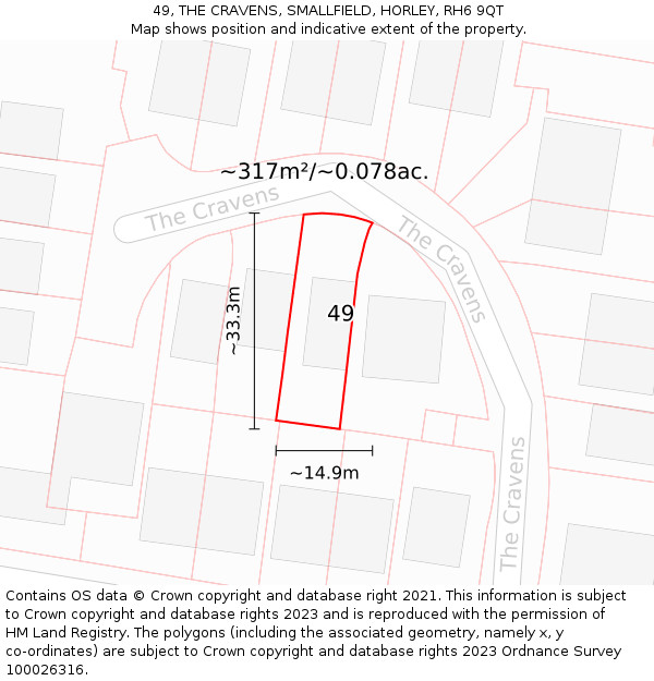 49, THE CRAVENS, SMALLFIELD, HORLEY, RH6 9QT: Plot and title map