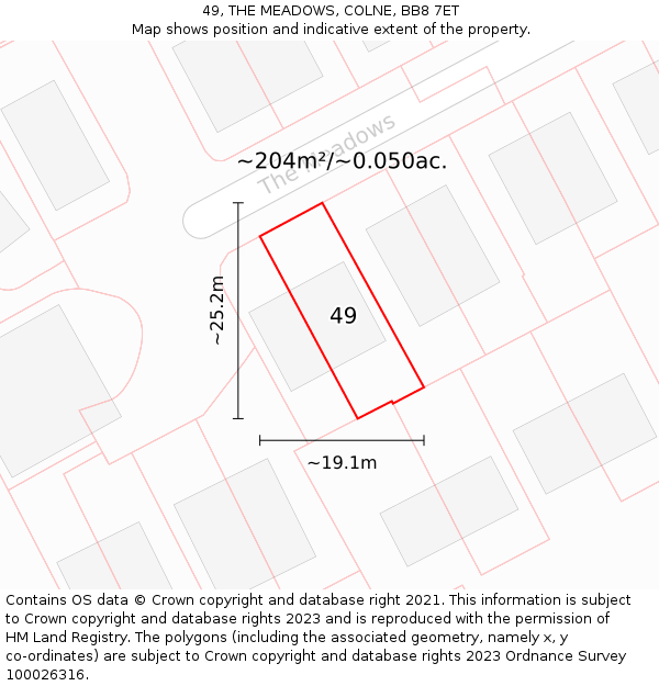 49, THE MEADOWS, COLNE, BB8 7ET: Plot and title map