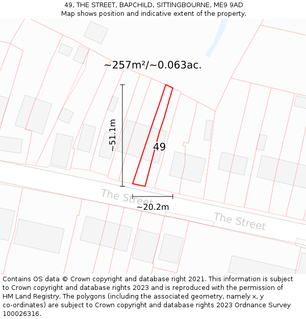 49, THE STREET, BAPCHILD, SITTINGBOURNE, ME9 9AD: Plot and title map