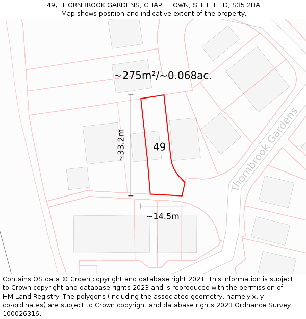 49, THORNBROOK GARDENS, CHAPELTOWN, SHEFFIELD, S35 2BA: Plot and title map