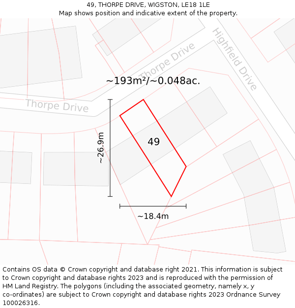 49, THORPE DRIVE, WIGSTON, LE18 1LE: Plot and title map