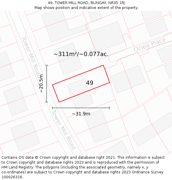49, TOWER MILL ROAD, BUNGAY, NR35 1RJ: Plot and title map