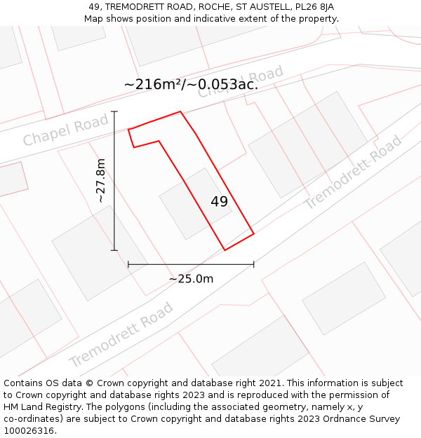 49, TREMODRETT ROAD, ROCHE, ST AUSTELL, PL26 8JA: Plot and title map