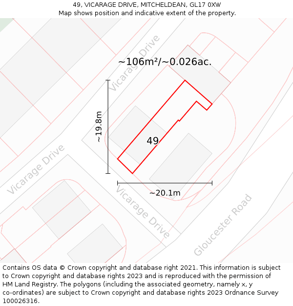 49, VICARAGE DRIVE, MITCHELDEAN, GL17 0XW: Plot and title map