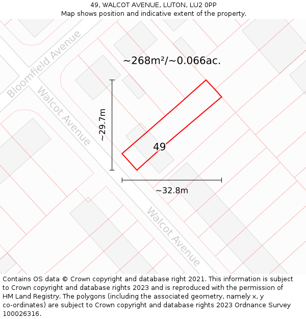 49, WALCOT AVENUE, LUTON, LU2 0PP: Plot and title map