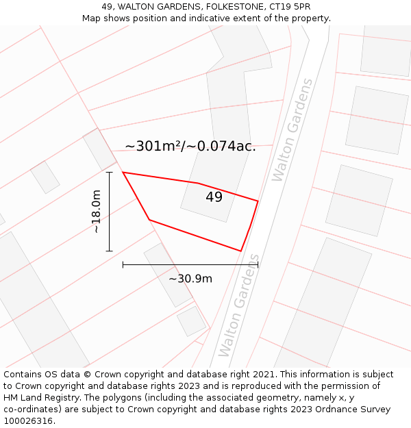 49, WALTON GARDENS, FOLKESTONE, CT19 5PR: Plot and title map