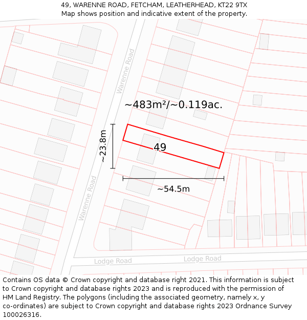 49, WARENNE ROAD, FETCHAM, LEATHERHEAD, KT22 9TX: Plot and title map