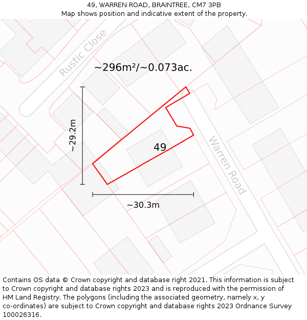 49, WARREN ROAD, BRAINTREE, CM7 3PB: Plot and title map