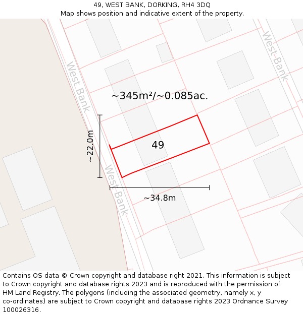 49, WEST BANK, DORKING, RH4 3DQ: Plot and title map