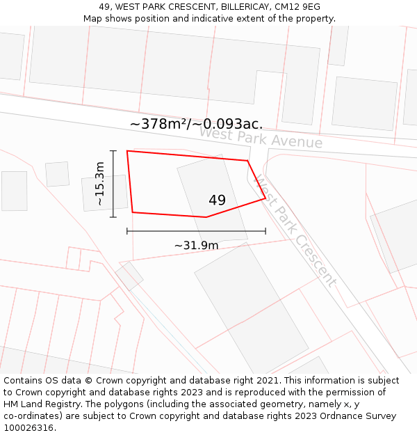 49, WEST PARK CRESCENT, BILLERICAY, CM12 9EG: Plot and title map