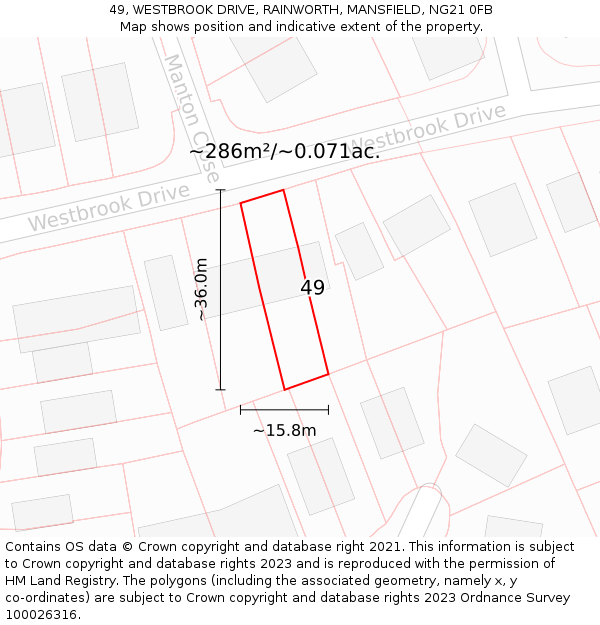 49, WESTBROOK DRIVE, RAINWORTH, MANSFIELD, NG21 0FB: Plot and title map