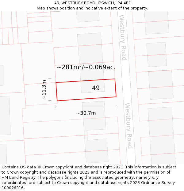 49, WESTBURY ROAD, IPSWICH, IP4 4RF: Plot and title map